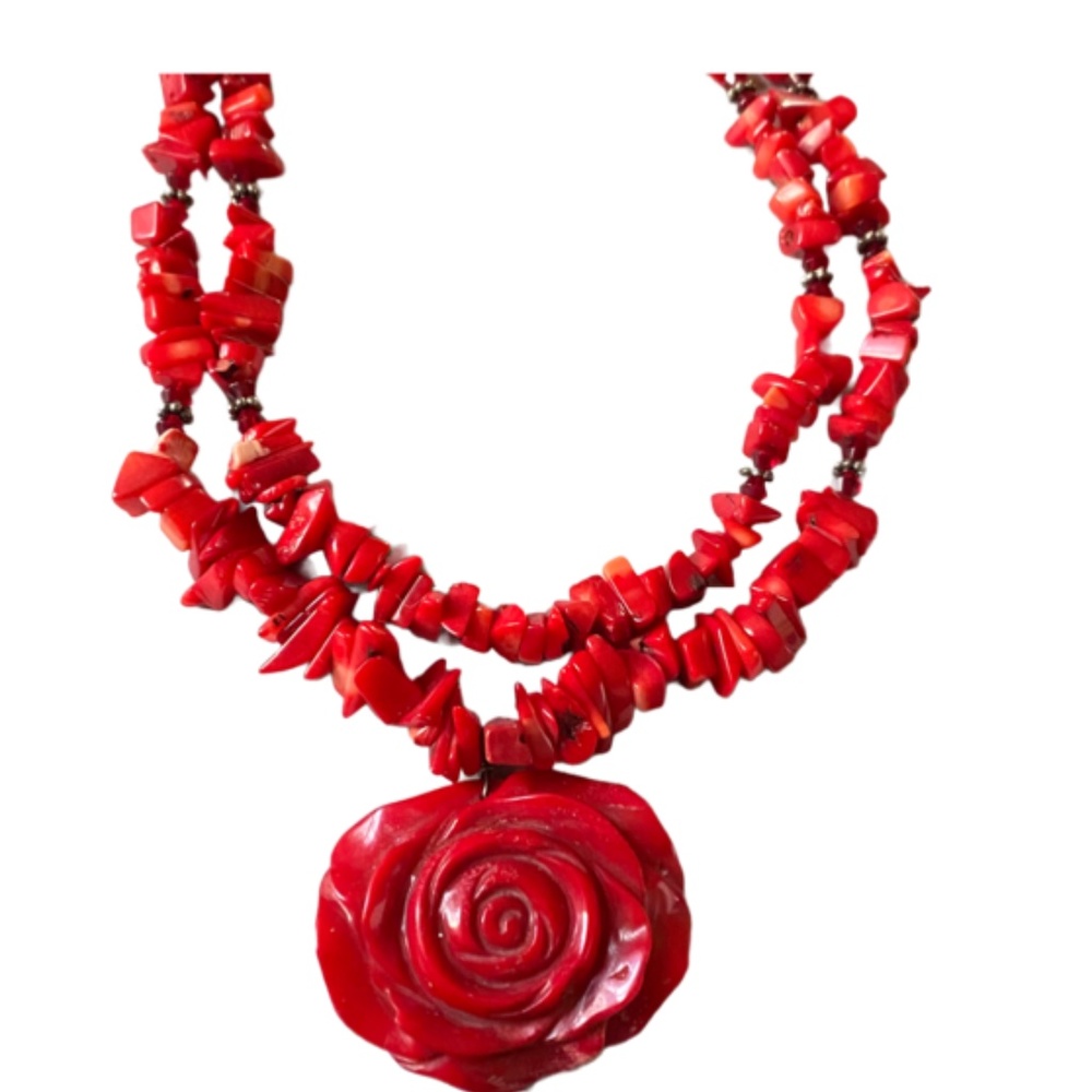 Sterling Silver Coral Rose Pendant With Beaded Double Chain